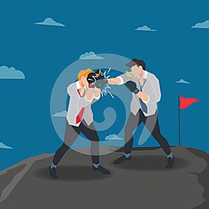 Businessmen are boxing on the top of cliff. business competition concept vector illustration