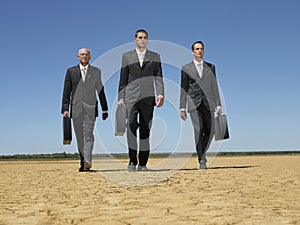 Businessmen With Briefcases Walking In Desert