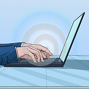 The hand that is typed on the computer keyboard Illustration vector On pop art comics style Abstract dots background photo