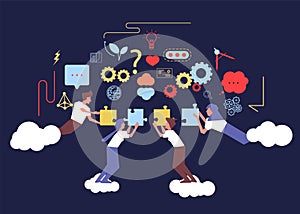 Businessmen and businesswomen cooperation.Teamwork and team building flat vector illustration. Coworkers assembling jigsaw puzzle