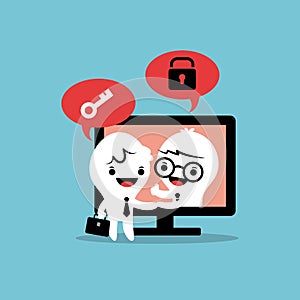 Businessmen cartoon handshake computer screen online deal business solution