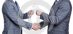 businessmen celebrating success after successful business dealing and partnership isolated on white