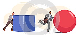 Businessmen Characters Pushing Large Ball And Cube Figures Represent The Concept Of Gaining An Advantage In Business