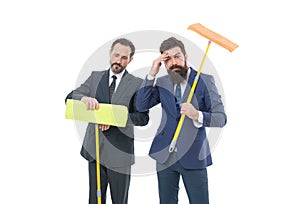 businessmen clear wall to white. clean slate. Partnership and teamwork. cleaning company. clean business. mature bearded