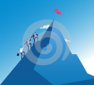 Businessmen climb mountain. Success teamwork corporate growth, mission achievement vector concept