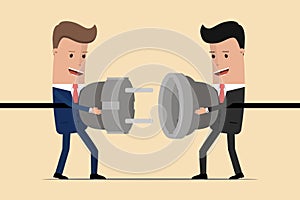 Businessmen connecting hold plug and outlet in hands. Cooperation interaction. Partnership. Business connection concept. Vector