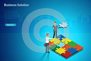 Businessmen discussing and brainstroming onassembler jigsaw puzzle missing piece. Business strategy solution, success teamwork and