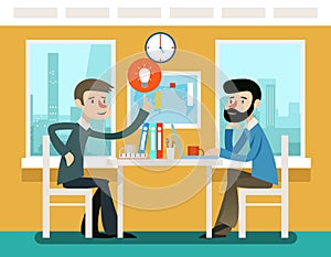 Businessmen discussing strategy sitting at office desk. Vector illustration in flat style