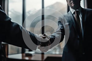 Businessmen Do Handshake With Partner In Front Of Defocused Large Mountain In Business Center. Generative AI