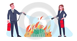 Businessmen extinguish burning money. Man and woman with fire extinguishers. Crisis and financial inflation. Banknotes