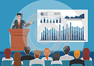 Businessmen giving speech or presenting charts on a whiteboard