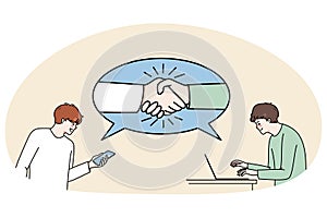 Businessmen handshake close deal working online