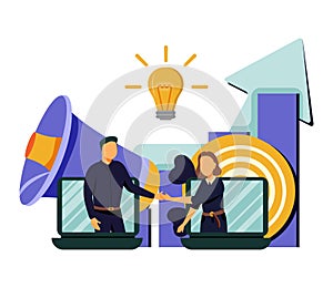 Businessmen handshake from laptops and megaphone. Collaboration and communication, corporate and cooperative business concept on