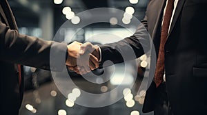 businessmen handshake at office, showroom background