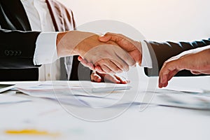 Businessmen handshake with partnership, greeting, dealing, merger and union agreement, business joint venture concept, for