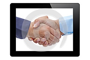 Businessmen handshaking tablet PC