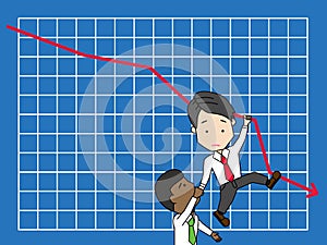 Businessmen hanging on graphs falling help
