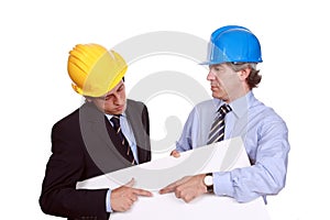 Businessmen with hardhats and blank cardboard