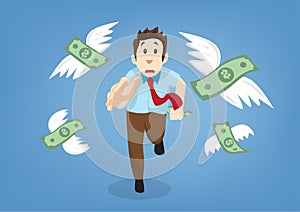 Businessmen have no money in their pockets due to inflation or loss of business. male character chasing after flying banknotes