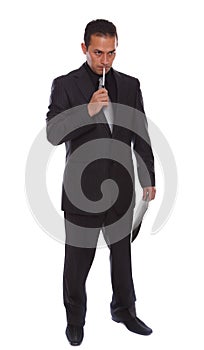 Businessmen holding file and pen thinking
