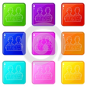 Businessmen holding sign board with Team word icons set 9 color collection