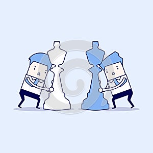 Businessmen with horse chess and fighting each other. Business competition concept. Cartoon character thin line style vector.