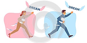 Businessmen man and woman chasing dream. Male and female office characters running, hunting profit, career development