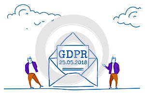 Businessmen near letter in envelope General Data Protection Regulation GDPR server security guard oversketch doodle hand