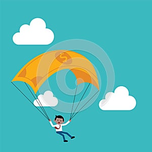 Businessmen parachuting with money