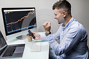 Businessmen with phone trading stocks online. Stock brokers looking at graphs, indexes and numbers on multiple computer screens.