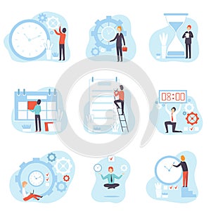 Businessmen Planning and Controlling Working Time Set, Time Management Business Concept Vector Illustration