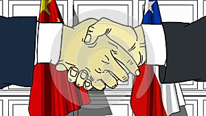 Businessmen or politicians shake hands against flags of China and Chile. Official meeting or cooperation related cartoon