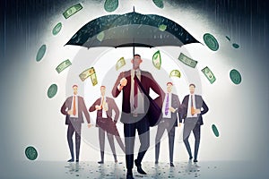 Businessmen rejoicing for his success with hundred dollar banknotes flying in the air. Successful business people with umbrella