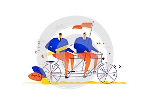 Businessmen ride a tandem bicycle. Vector. Friendly team of business partners. Partnerships between people. The leader with the fl