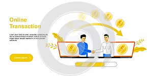 Businessmen shake hands from two computer or laptop. Online conclusion of the transaction. Business, e commerce concept. Starting