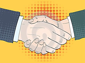 Businessmen shake hands vector illustration in retro pop art sty