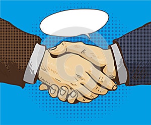 Businessmen shake hands vector illustration in retro pop art style. Partnership handshake concept poster in comic design
