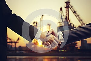 Businessmen shaking hands on background with oil derricks. Business deal concept