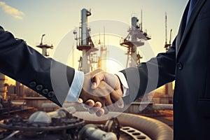 Businessmen shaking hands on background with oil derricks. Business deal concept