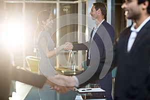 Businessmen shaking hands with colleagues