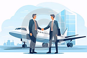 Businessmen shaking hands in front of an airplane illustration AI Generated