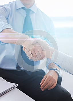 Businessmen shaking hands in office