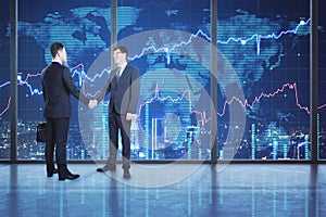 Businessmen shaking hands in office interior with night city view and forex chart.