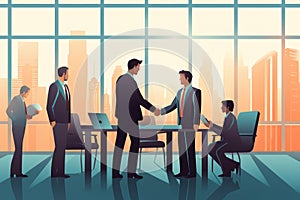 Businessmen shaking hands in office. Vector illustration in flat style, Depict business professionals concluding a meeting with a