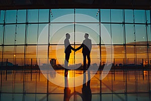 Businessmen shaking hands in silhouette at sunset with floor reflection