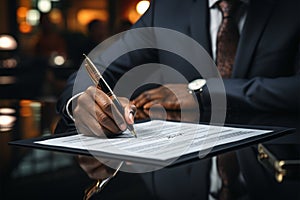Businessmen sign confirming formal contract, embodying business agreement
