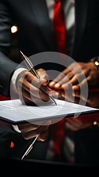 Businessmen sign confirming formal contract, embodying business agreement