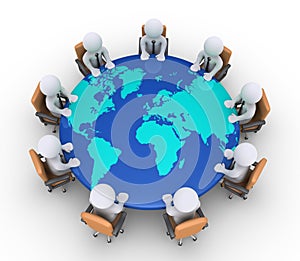 Businessmen sitting on chairs and table with world map