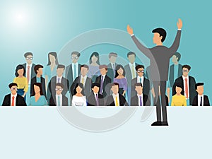 Businessmen speaking on seminar, meeting or conference vector illustration. Back view of business speaker. Man standing