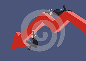 Businessmen Struggling to Hang On to Down Arrow Chart Cartoon Vector Illustration